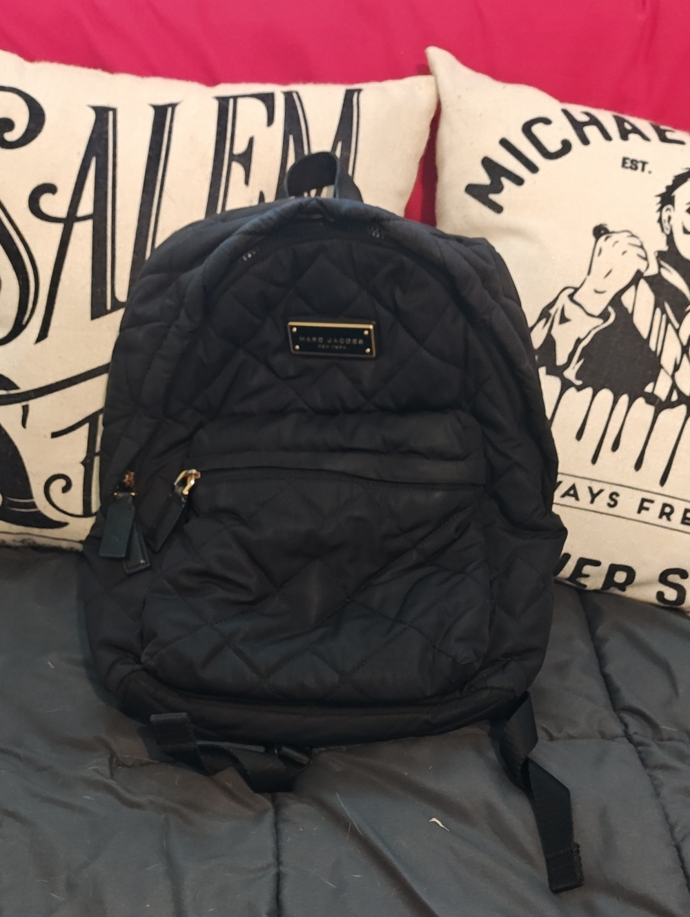 Marc Jacobs Quilted Black Unisex Backpack with Gold Plaque